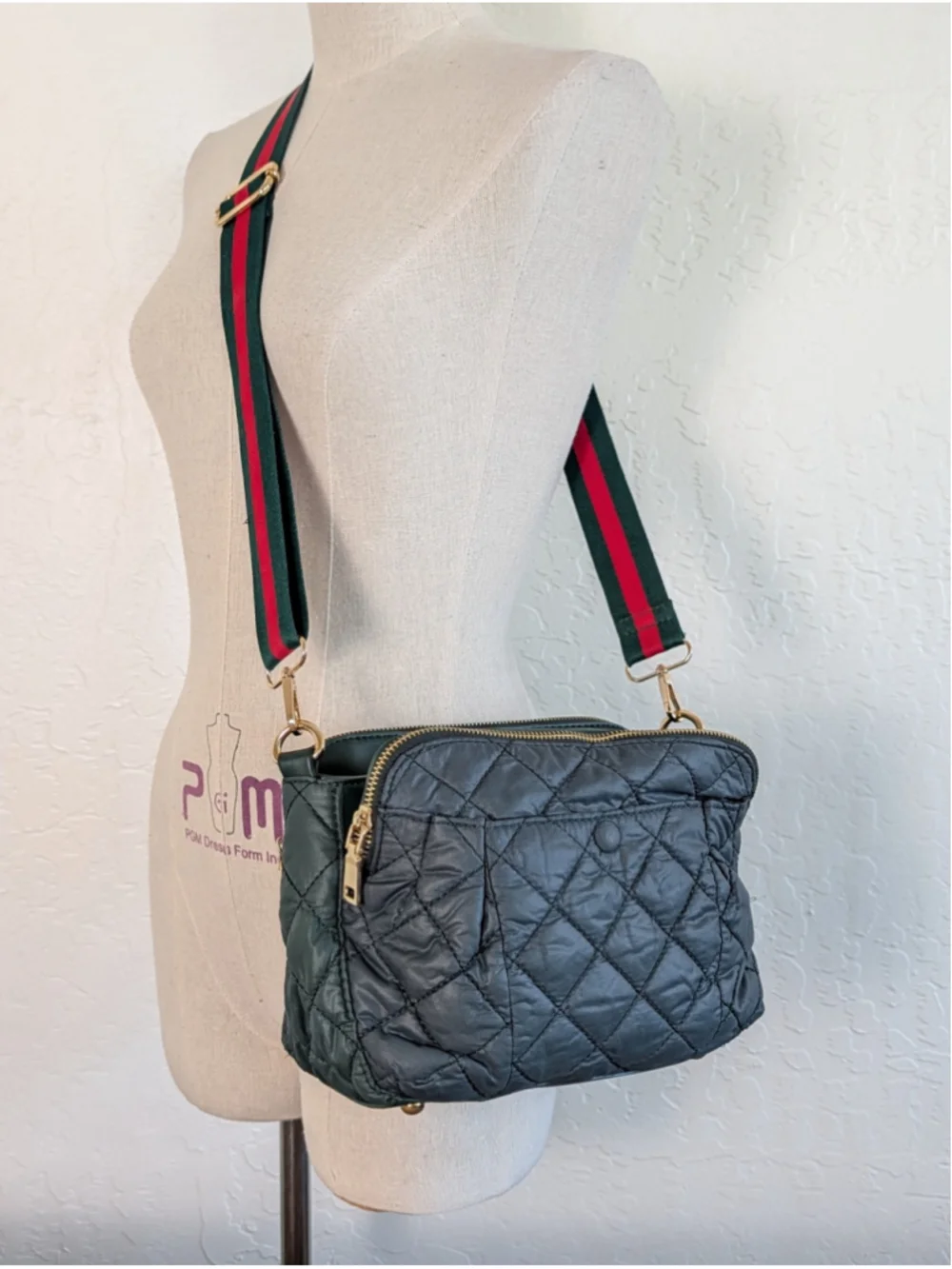Urban Expressions Quilted Puffer Crossbody Green Red Stripe Strap Gold Hardware